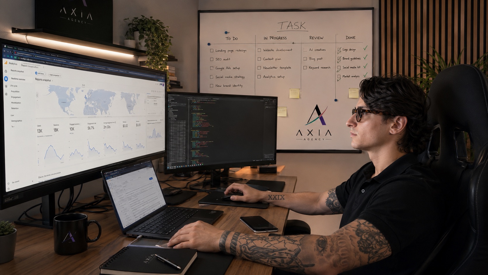 Andrea Marchi, fondatore di AXIA Agency, in ufficio